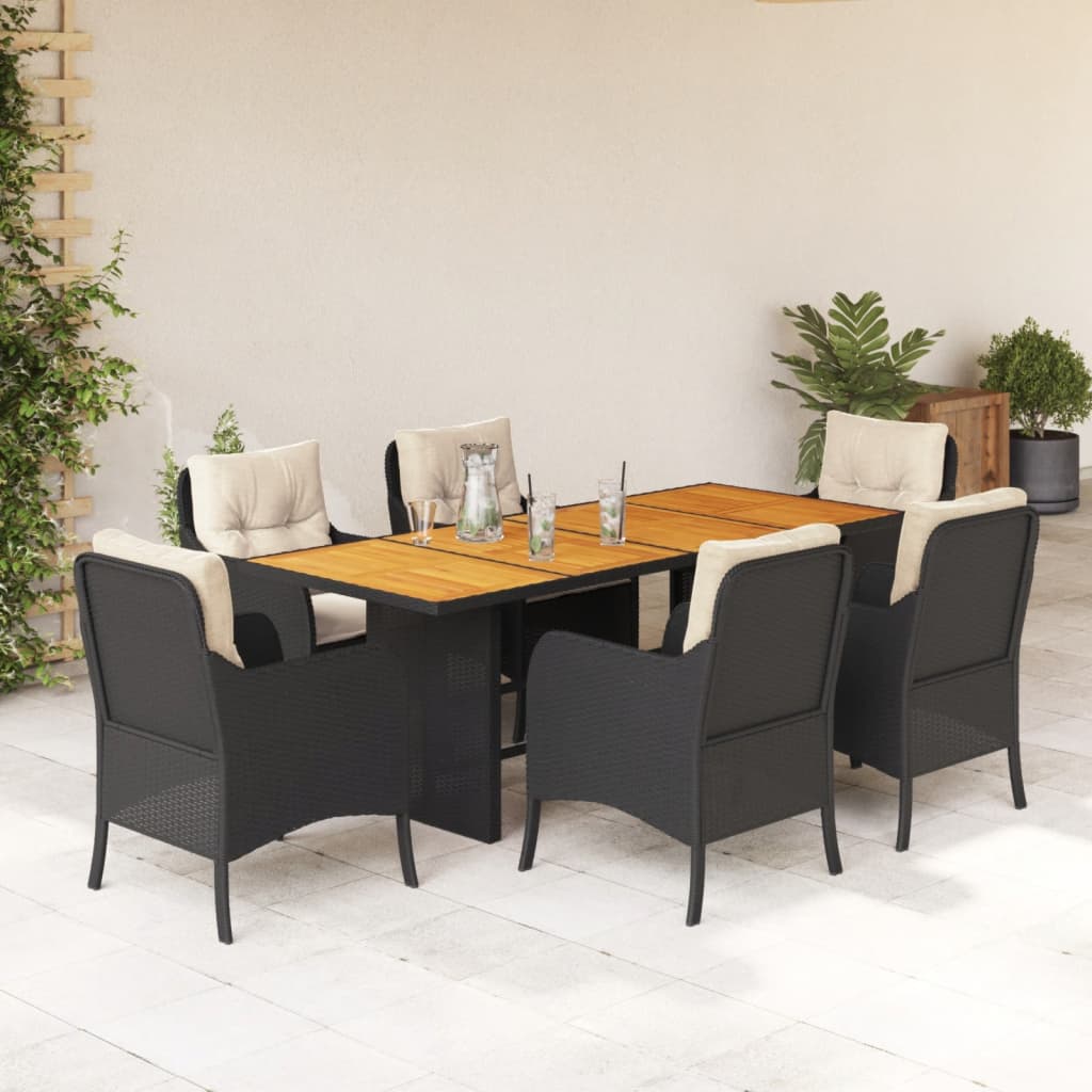 7-tlg. Garten-Essgruppe mit Kissen Schwarz Poly Rattan