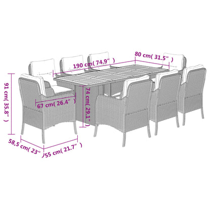 9-tlg. Garten-Essgruppe mit Kissen Grau Poly Rattan