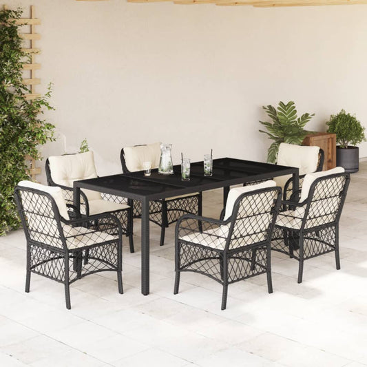 7-tlg. Garten-Essgruppe mit Kissen Schwarz Poly Rattan