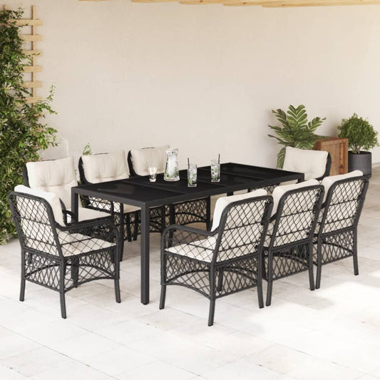 9-tlg. Garten-Essgruppe mit Kissen Schwarz Poly Rattan