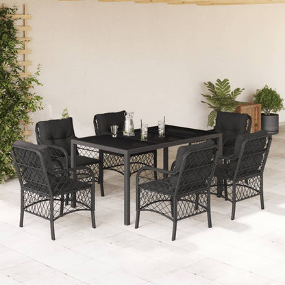 7-tlg. Garten-Essgruppe mit Kissen Schwarz Poly Rattan