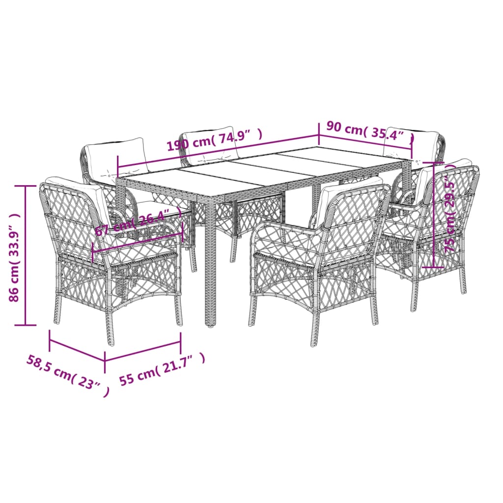 7-tlg. Garten-Essgruppe mit Kissen Schwarz Poly Rattan