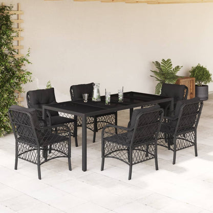 7-tlg. Garten-Essgruppe mit Kissen Schwarz Poly Rattan