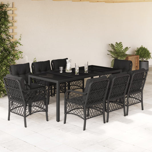 9-tlg. Garten-Essgruppe mit Kissen Schwarz Poly Rattan