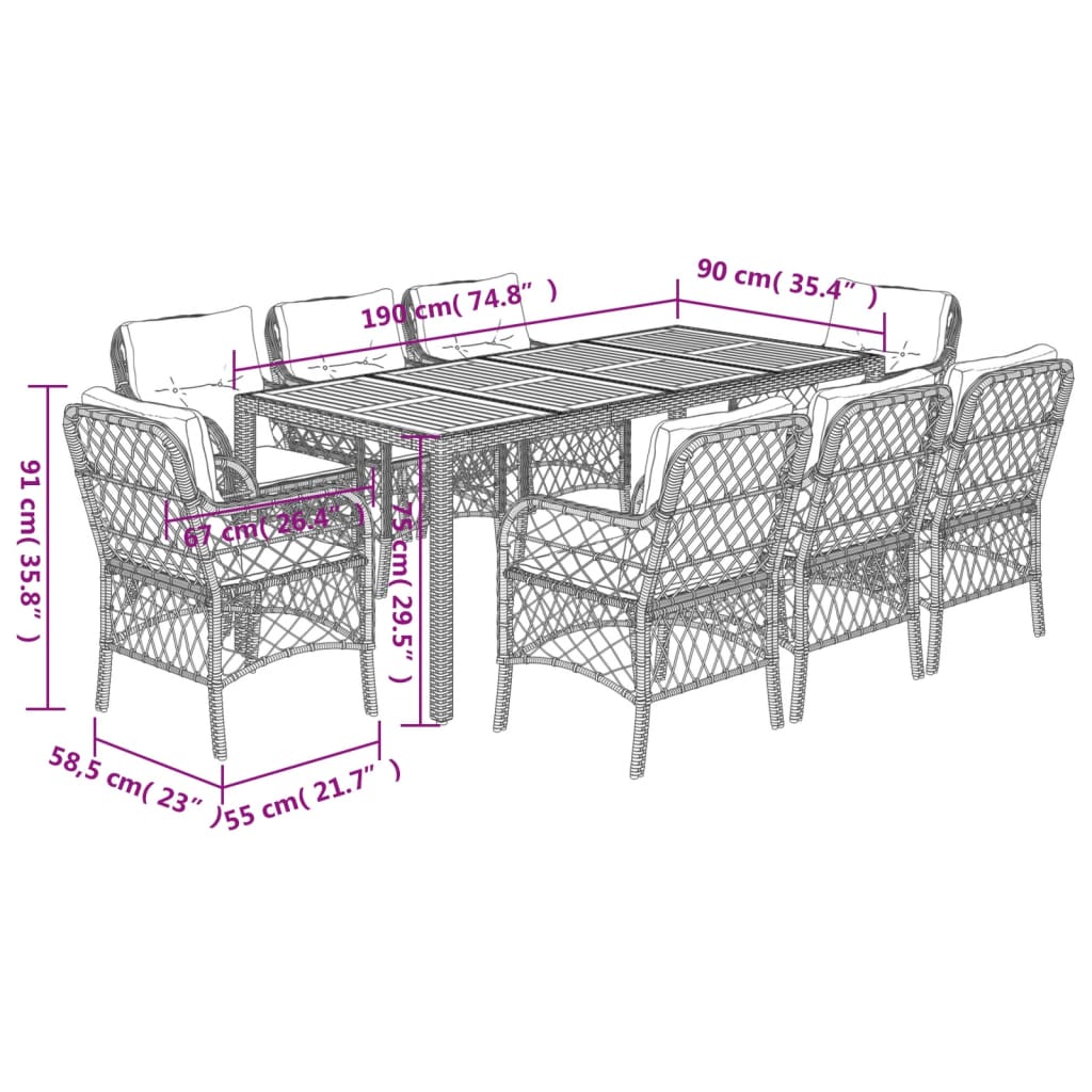 9-tlg. Garten-Essgruppe mit Kissen Grau Poly Rattan