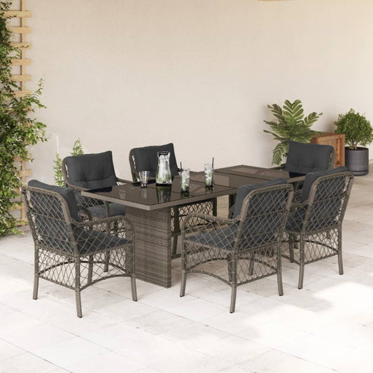 7-tlg. Garten-Essgruppe mit Kissen Grau Poly Rattan