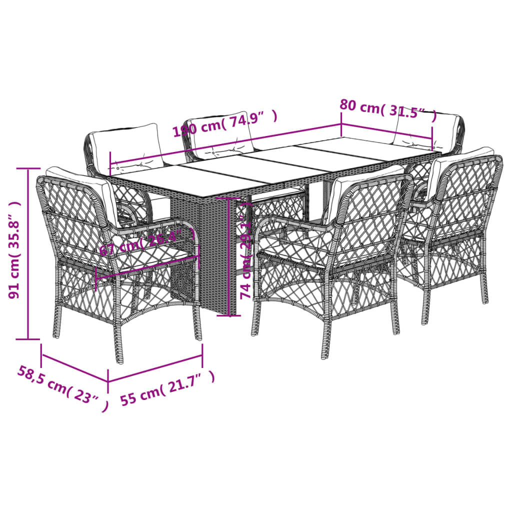 7-tlg. Garten-Essgruppe mit Kissen Beigemischung Poly Rattan