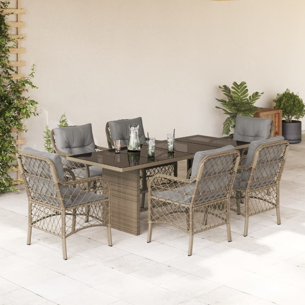 7-tlg. Garten-Essgruppe mit Kissen Beigemischung Poly Rattan