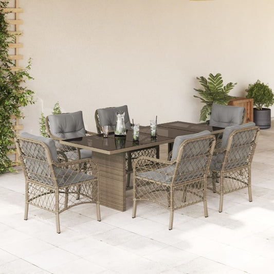 7-tlg. Garten-Essgruppe mit Kissen Beigemischung Poly Rattan