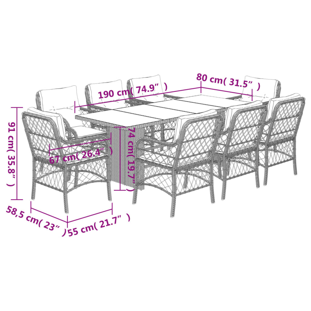 9-tlg. Garten-Essgruppe mit Kissen Beigemischung Poly Rattan