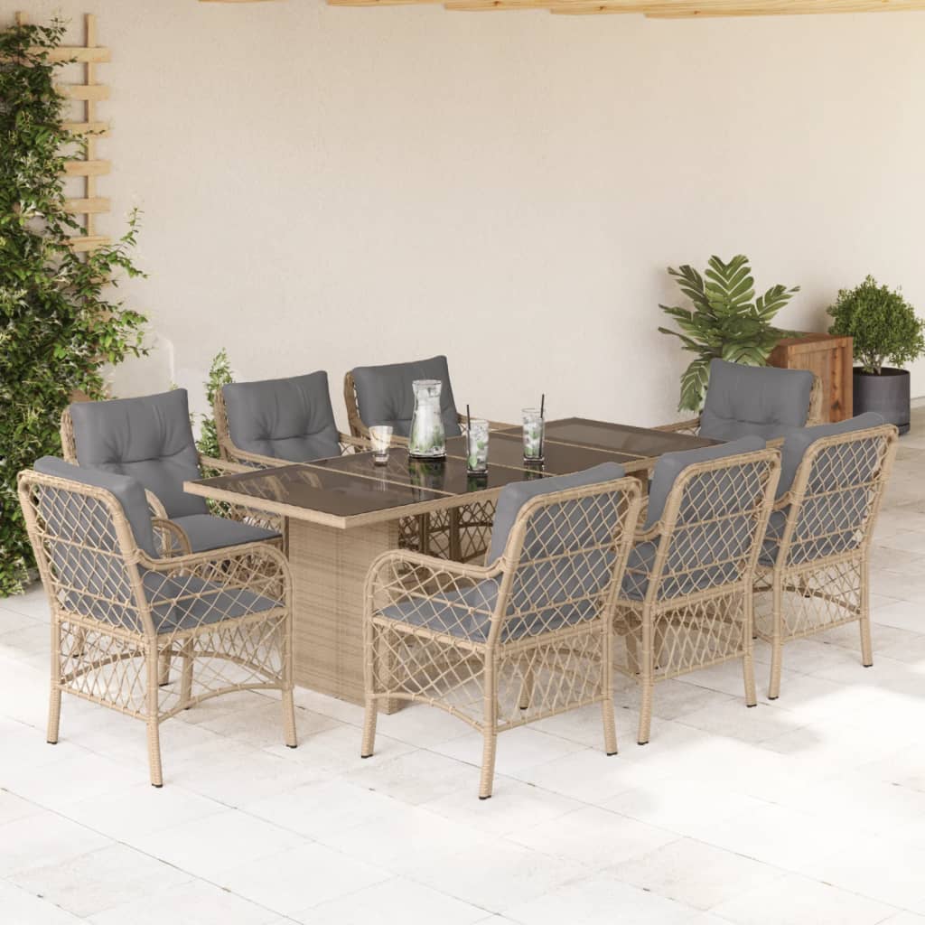 9-tlg. Garten-Essgruppe mit Kissen Beigemischung Poly Rattan