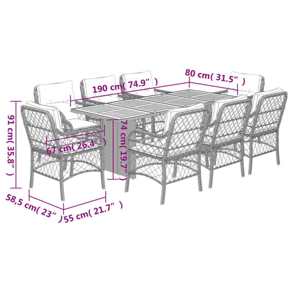 9-tlg. Garten-Essgruppe mit Kissen Beigemischung Poly Rattan