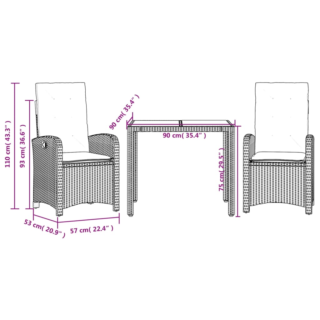 3-tlg. Garten-Essgruppe mit Kissen Schwarz Poly Rattan