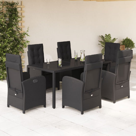 7-tlg. Garten-Essgruppe mit Kissen Schwarz Poly Rattan