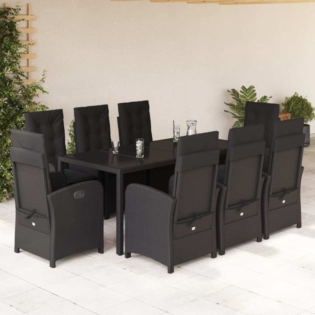 9-tlg. Garten-Essgruppe mit Kissen Schwarz Poly Rattan