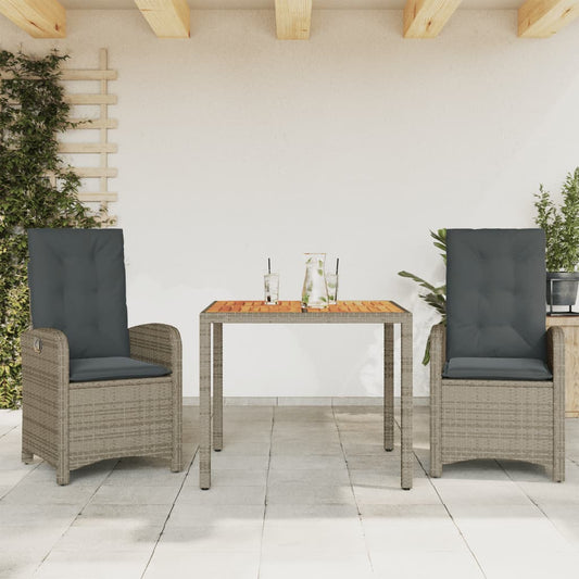 3-tlg. Garten-Essgruppe mit Kissen Grau Poly Rattan