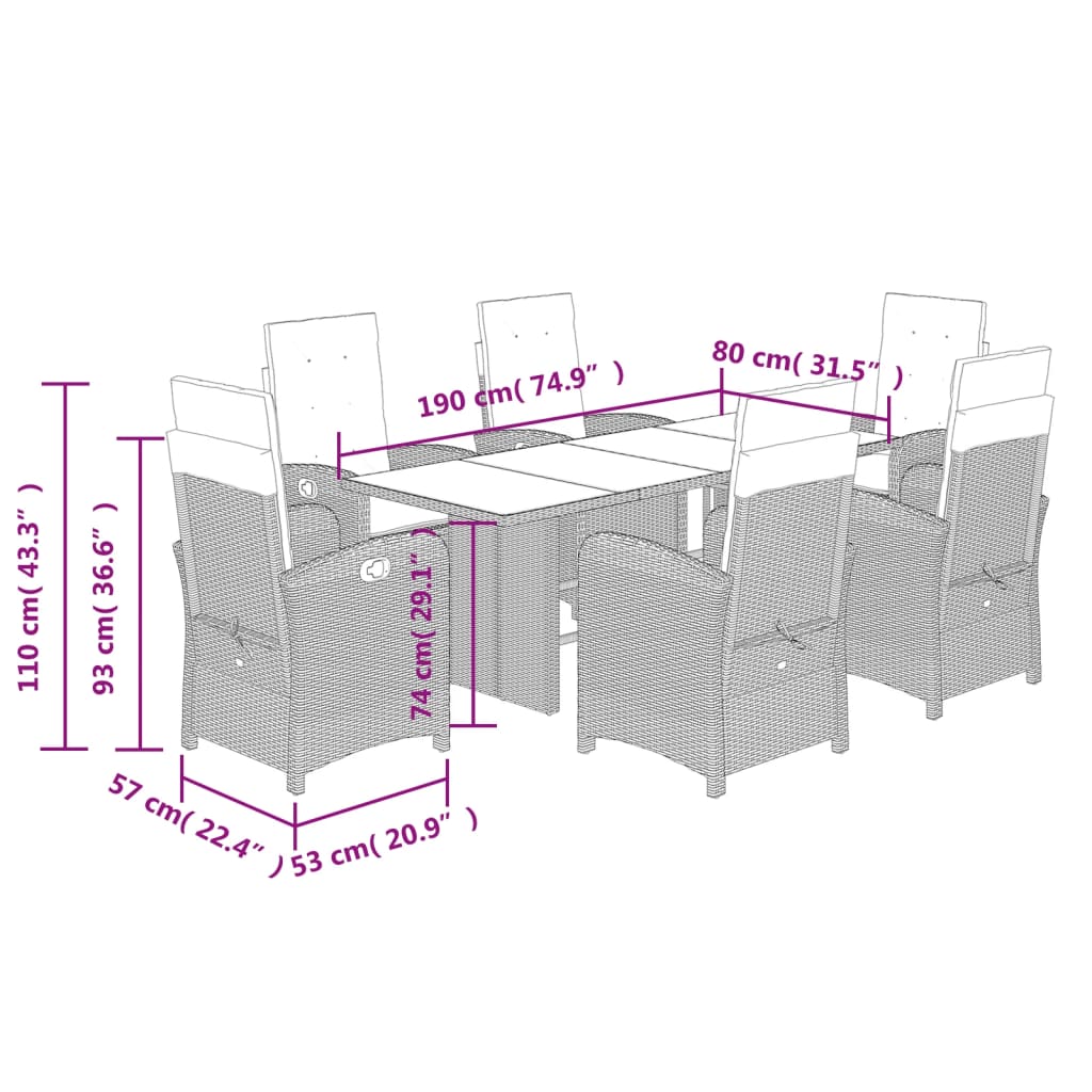 7-tlg. Garten-Essgruppe mit Kissen Braun Poly Rattan