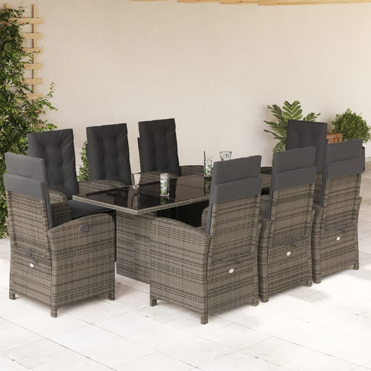 9-tlg. Garten-Essgruppe mit Kissen Grau Poly Rattan