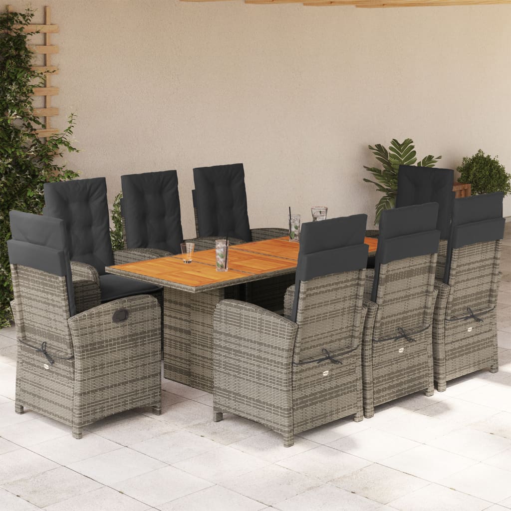 9-tlg. Garten-Essgruppe mit Kissen Grau Poly Rattan