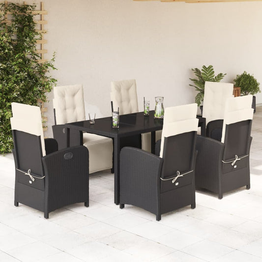 7-tlg. Garten-Essgruppe mit Kissen Schwarz Poly Rattan