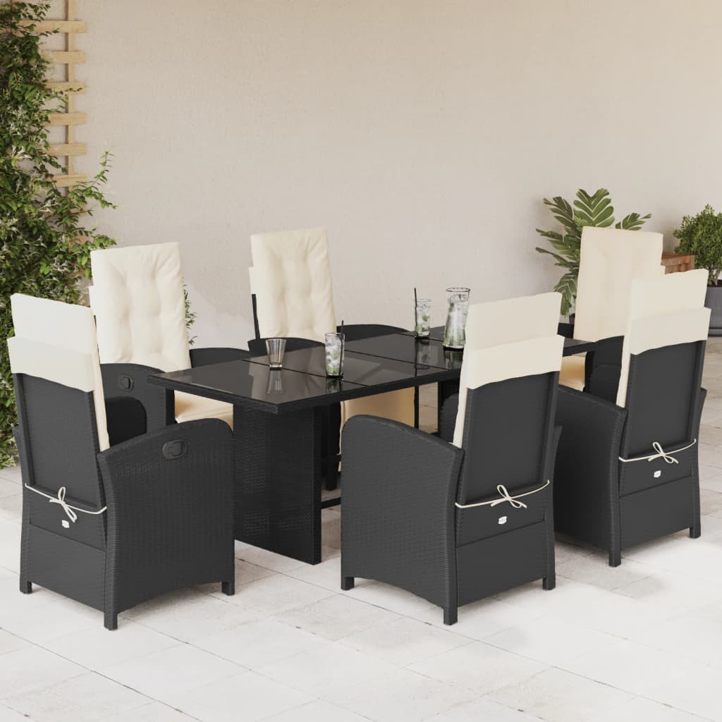 7-tlg. Garten-Essgruppe mit Kissen Schwarz Poly Rattan