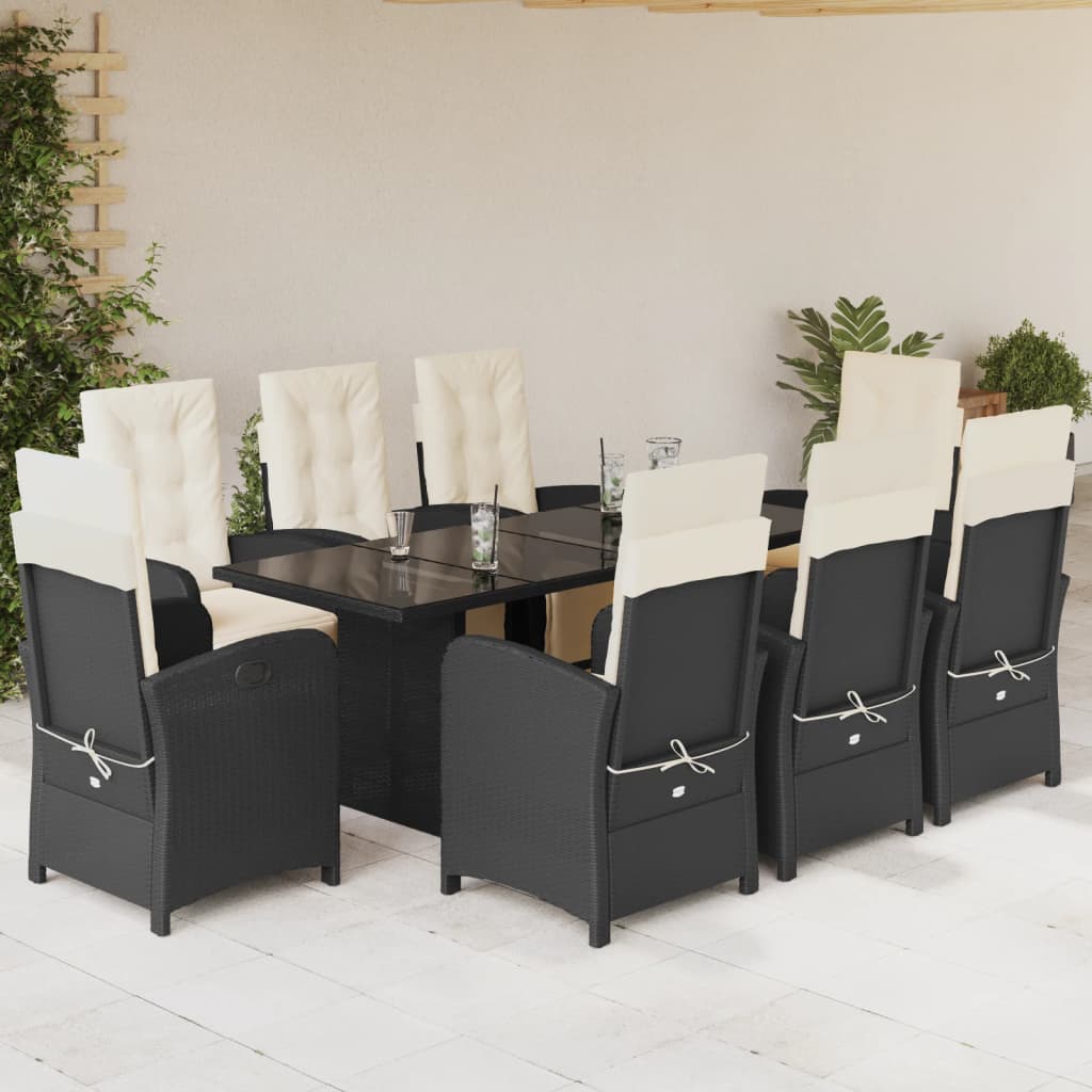 9-tlg. Garten-Essgruppe mit Kissen Schwarz Poly Rattan