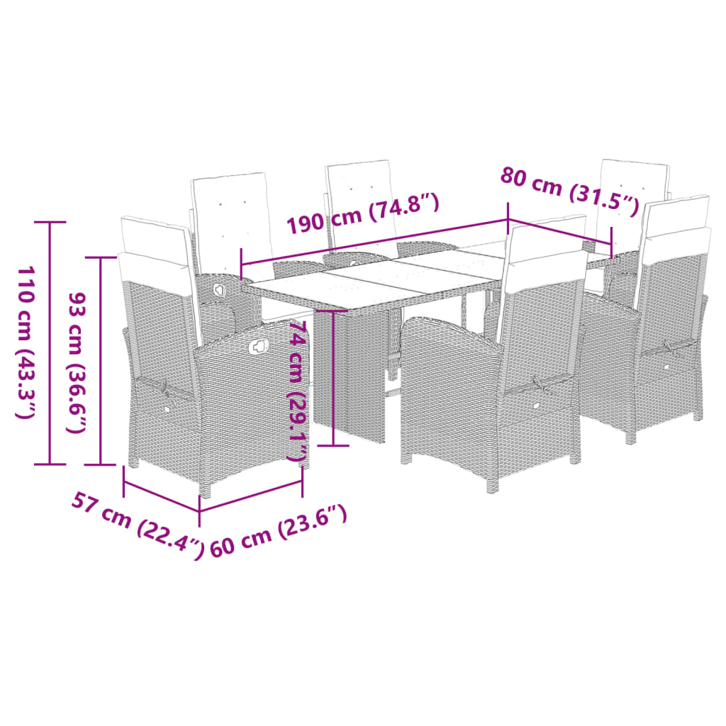 7-tlg. Garten-Essgruppe mit Kissen Braun Poly Rattan