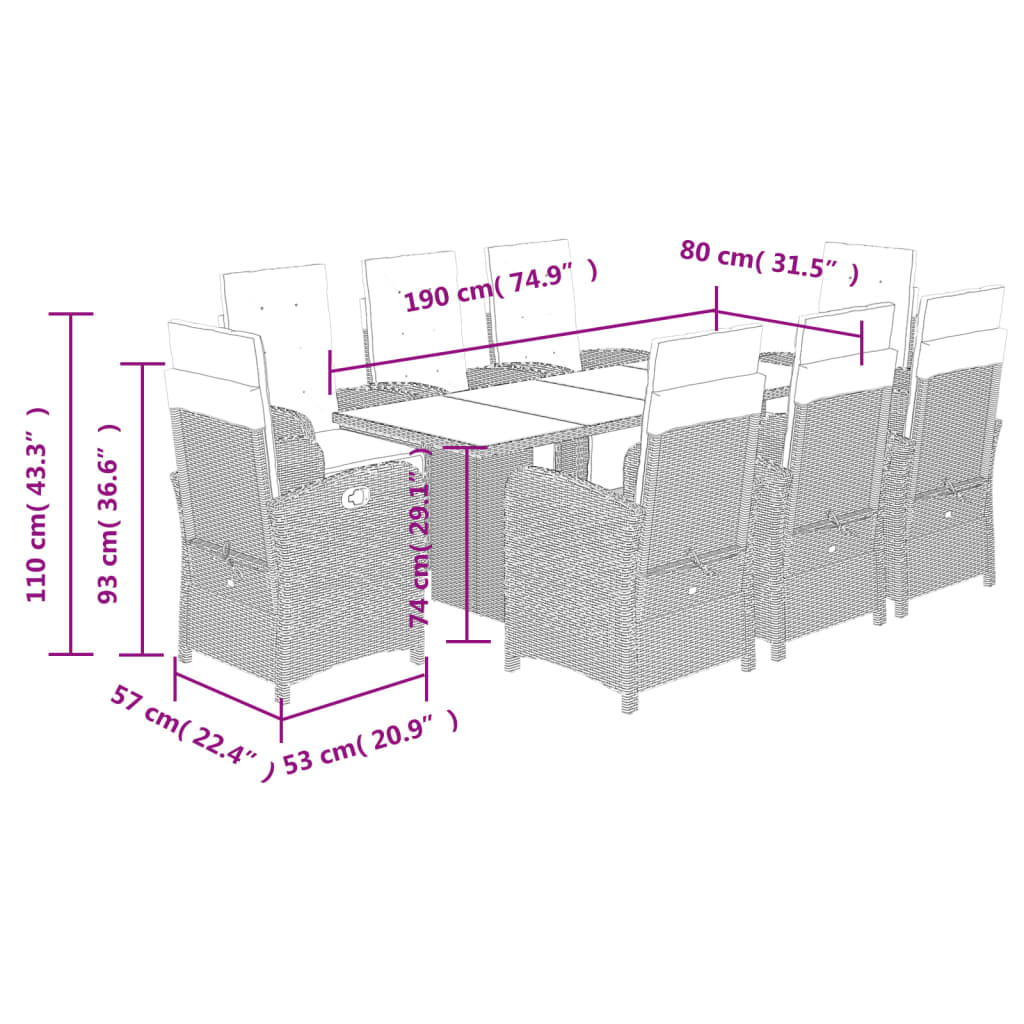 9-tlg. Garten-Essgruppe mit Kissen Braun Poly Rattan