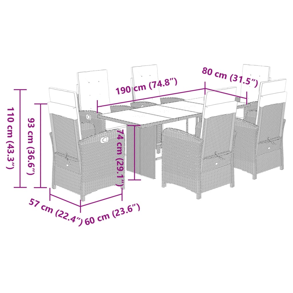 7-tlg. Garten-Essgruppe mit Kissen Grau Poly Rattan