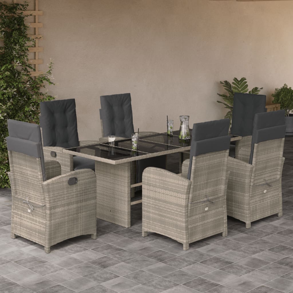 7-tlg. Garten-Essgruppe mit Kissen Hellgrau Poly Rattan