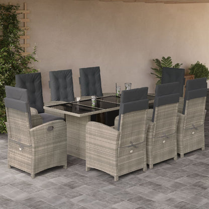 9-tlg. Garten-Essgruppe mit Kissen Hellgrau Poly Rattan