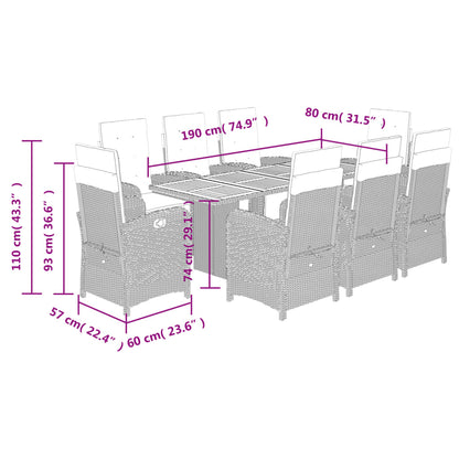 9-tlg. Garten-Essgruppe mit Kissen Grau Poly Rattan