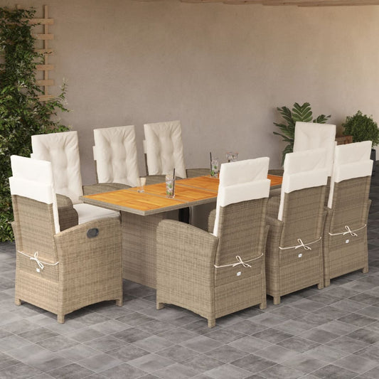 9-tlg. Garten-Essgruppe mit Kissen Beige Poly Rattan