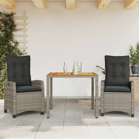 3-tlg. Garten-Essgruppe mit Kissen Grau Poly Rattan