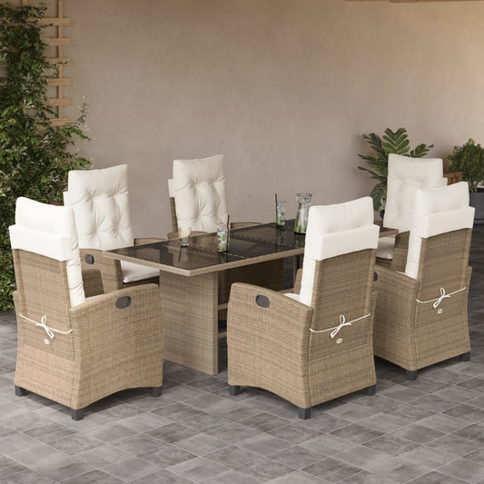 7-tlg. Garten-Essgruppe mit Kissen Beige Poly Rattan