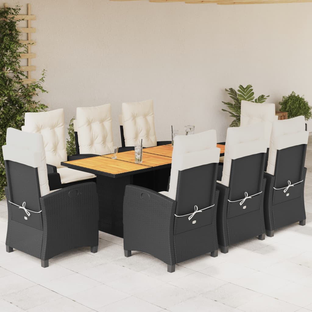 9-tlg. Garten-Essgruppe mit Kissen Schwarz Poly Rattan