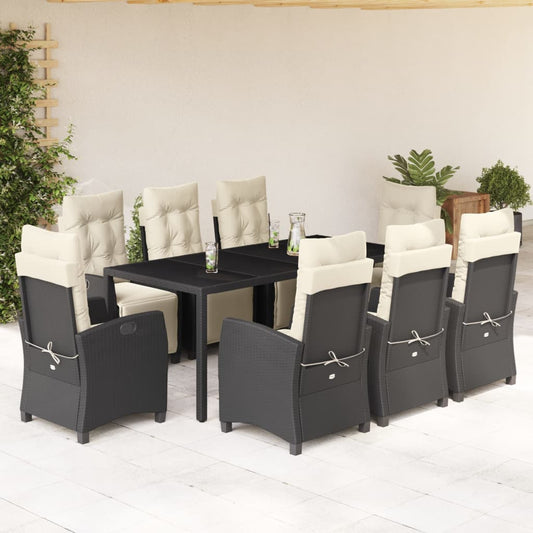 9-tlg. Garten-Essgruppe mit Kissen Schwarz Poly Rattan