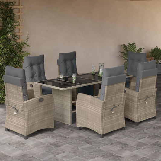 7-tlg. Garten-Essgruppe mit Kissen Hellgrau Poly Rattan