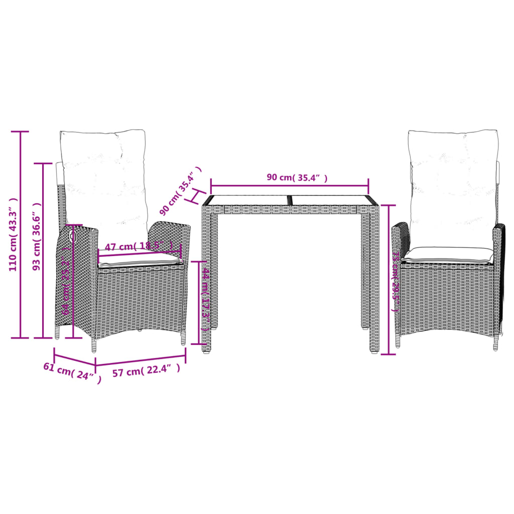 3-tlg. Garten-Essgruppe mit Kissen Schwarz Poly Rattan