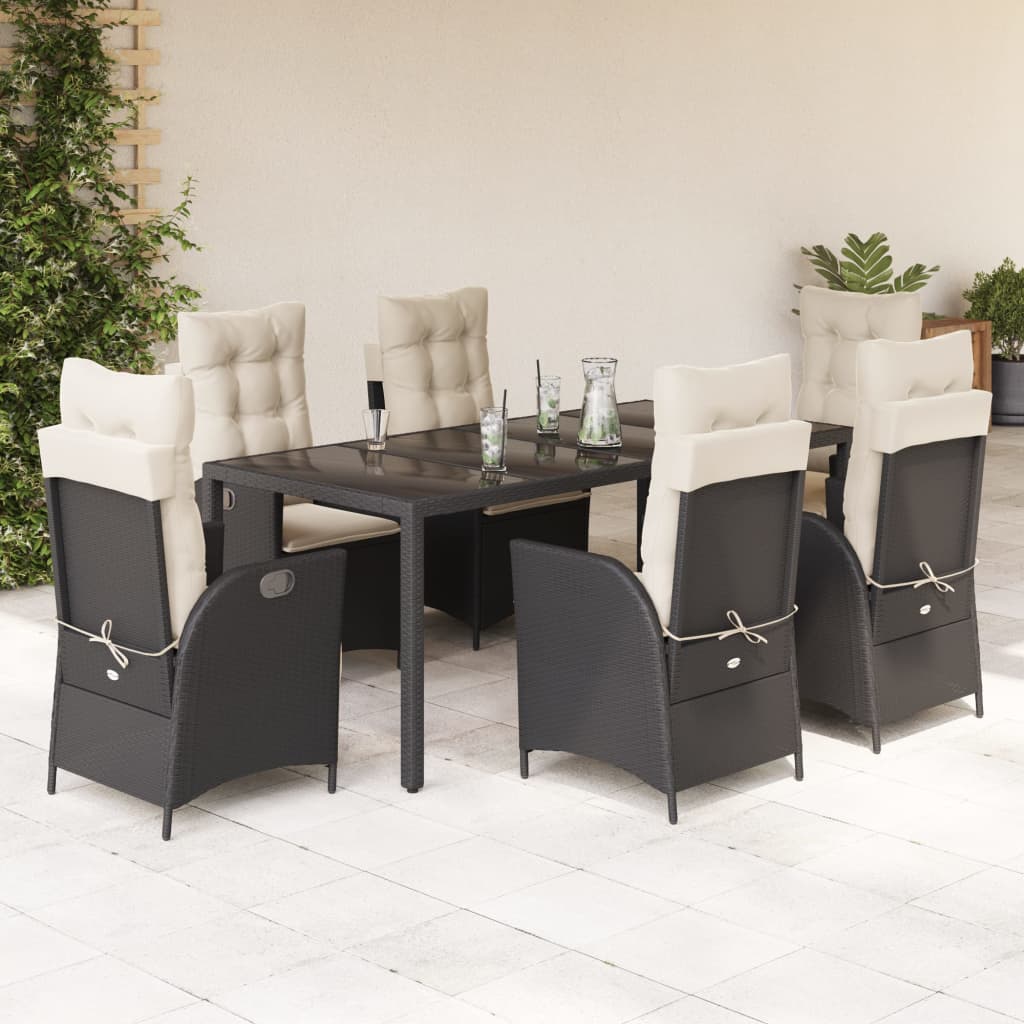 7-tlg. Garten-Essgruppe mit Kissen Schwarz Poly Rattan