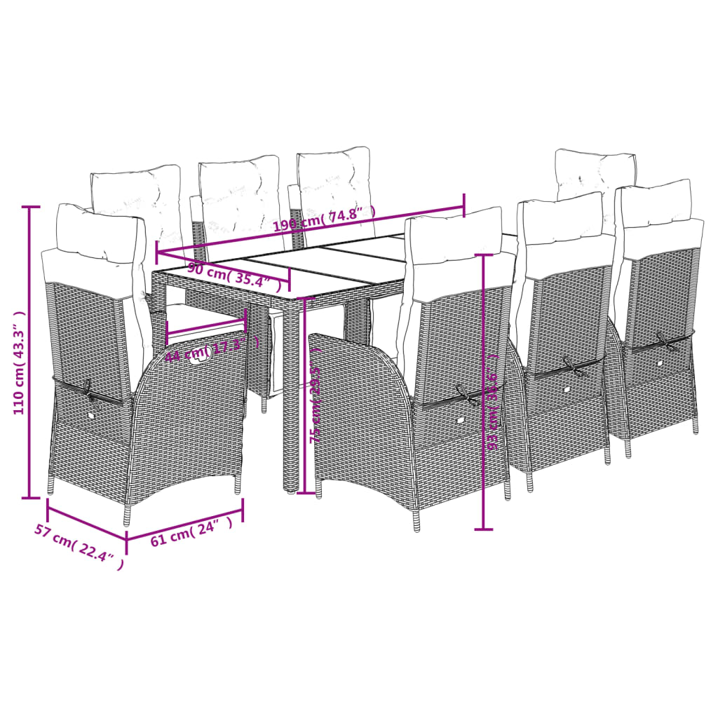 9-tlg. Garten-Essgruppe mit Kissen Schwarz Poly Rattan