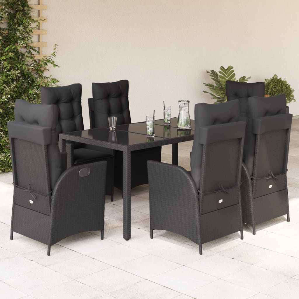 7-tlg. Garten-Essgruppe mit Kissen Schwarz Poly Rattan