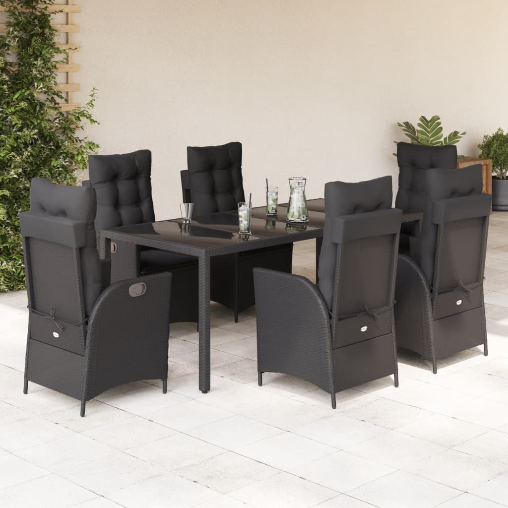 7-tlg. Garten-Essgruppe mit Kissen Schwarz Poly Rattan