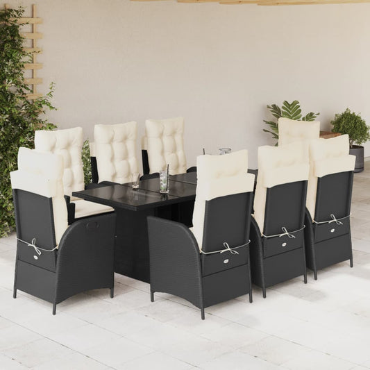 9-tlg. Garten-Essgruppe mit Kissen Schwarz Poly Rattan