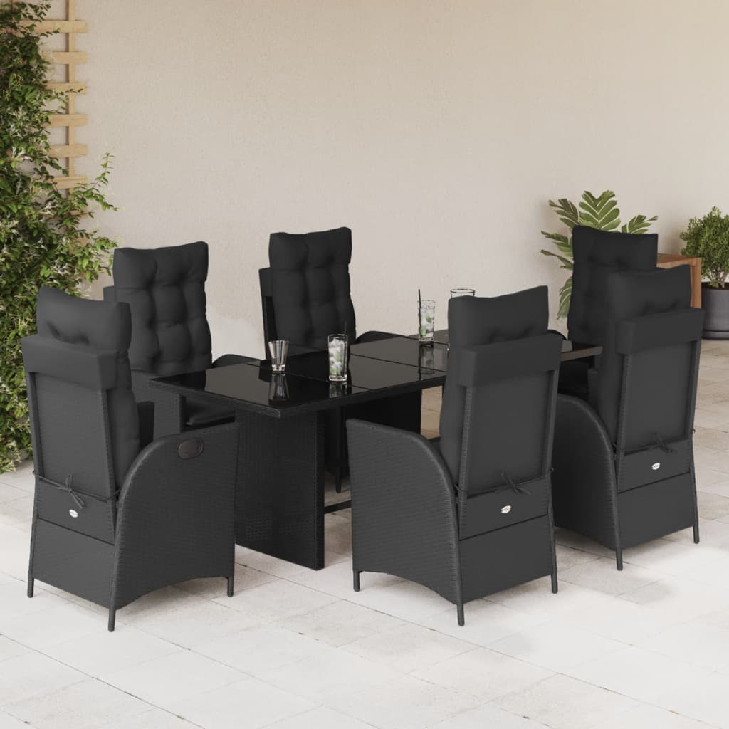 7-tlg. Garten-Essgruppe mit Kissen Schwarz Poly Rattan