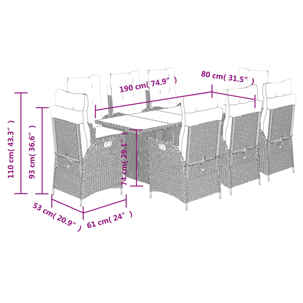 9-tlg. Garten-Essgruppe mit Kissen Schwarz Poly Rattan