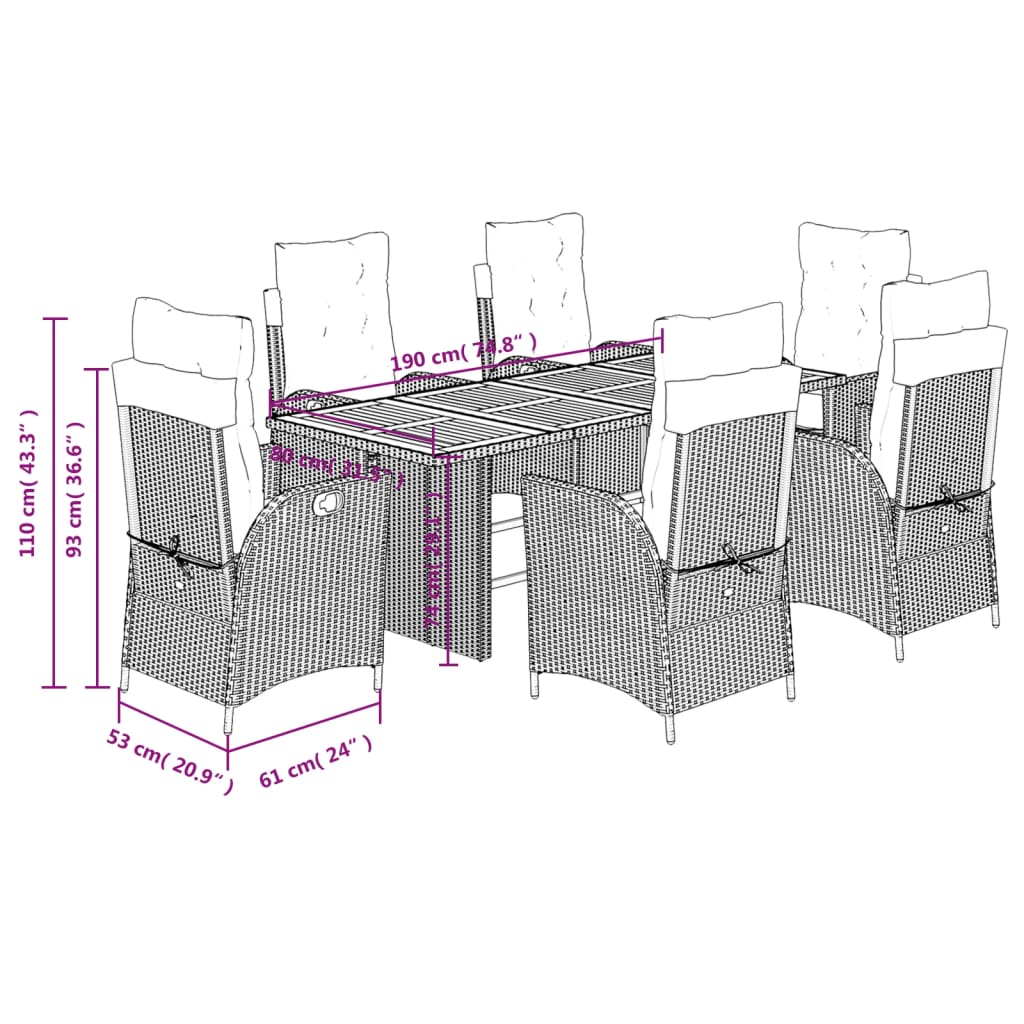 7-tlg. Garten-Essgruppe mit Kissen Schwarz Poly Rattan