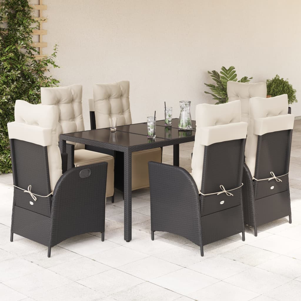 7-tlg. Garten-Essgruppe mit Kissen Schwarz Poly Rattan