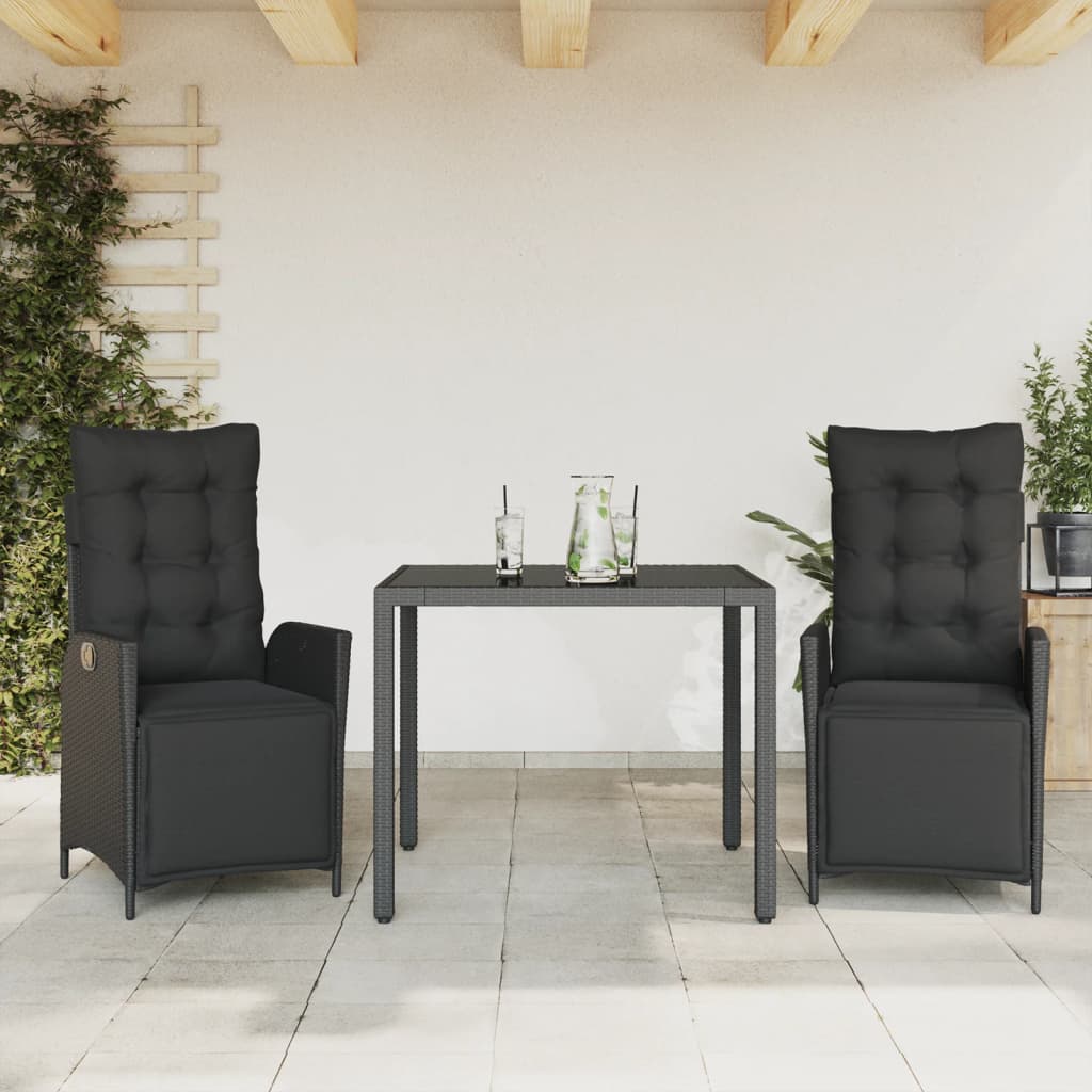 3-tlg. Garten-Essgruppe mit Kissen Schwarz Poly Rattan