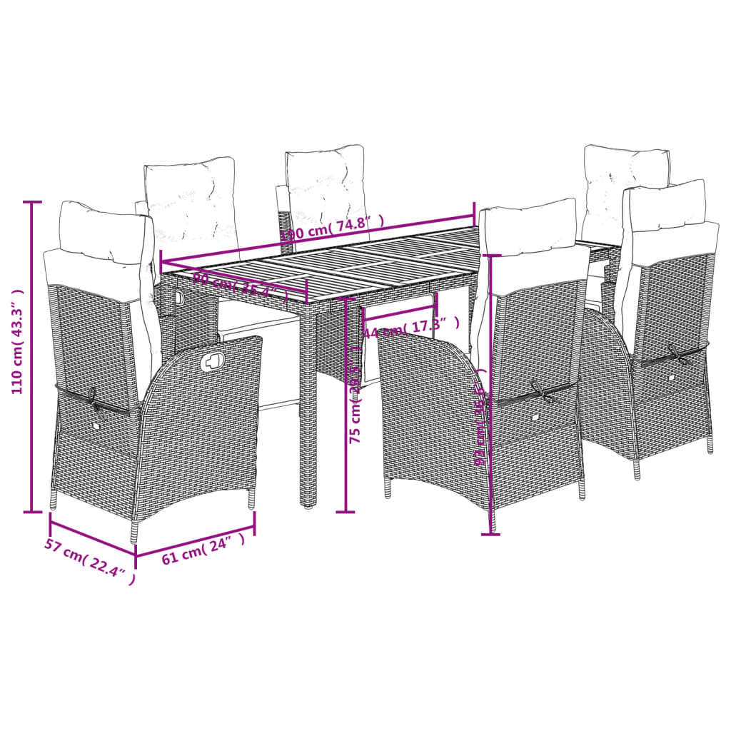 7-tlg. Garten-Essgruppe mit Kissen Grau Poly Rattan